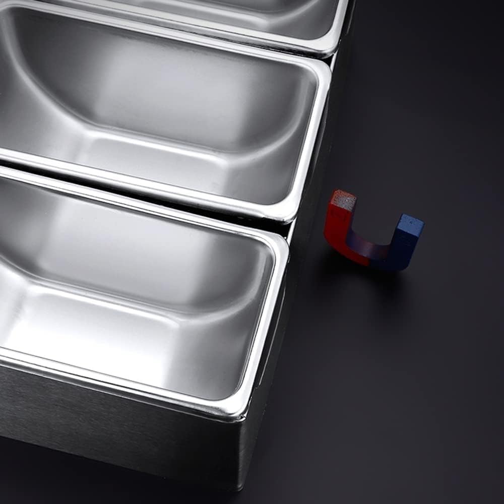 Stainless Steel Detachable Topping Station with Lid Pizza Ingredients Condiment Dispenser Reusable Ice Cooled Condiment Seasoning Container 6 Compart