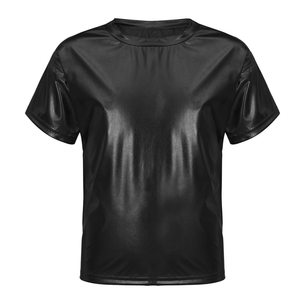 Детские сверкающие топы с короткими рукавами для мальчиков и девочек, модная футболка с круглым вырезом, танцевальный костюм