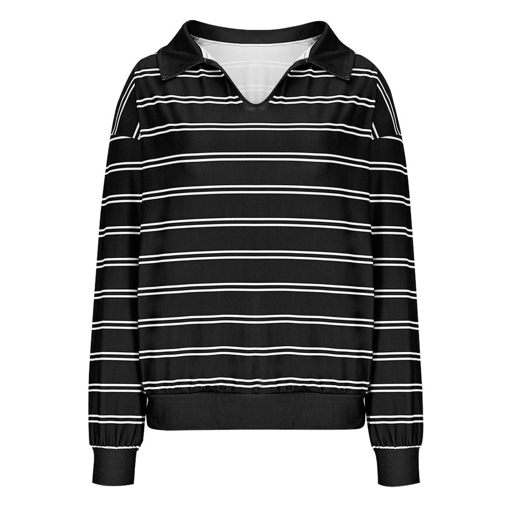 Женская мода повседневный глубокий V-образный вырез свободный длинный рукав полосатый трикотажный топ