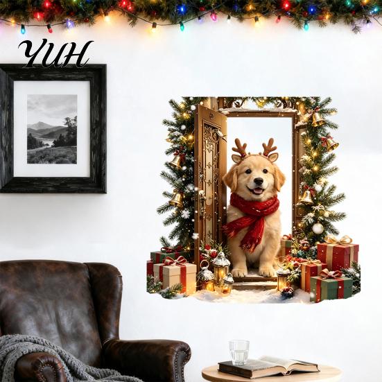 Peel Stick Christmas Decorations 2Pcs 3D Illusion Dog Wall Sticker, Removable Self?Adhesive Decals for Home Decor Decal, Holiday Puppy Mural Living