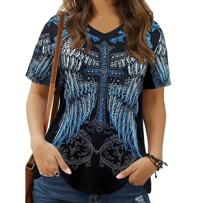 Футболка размера плюс с 3D-растительным принтом, шикарная, яркая, с коротким рукавом, на весну и лето, удобная, повседневная, женская, для пышных форм, модная одежда