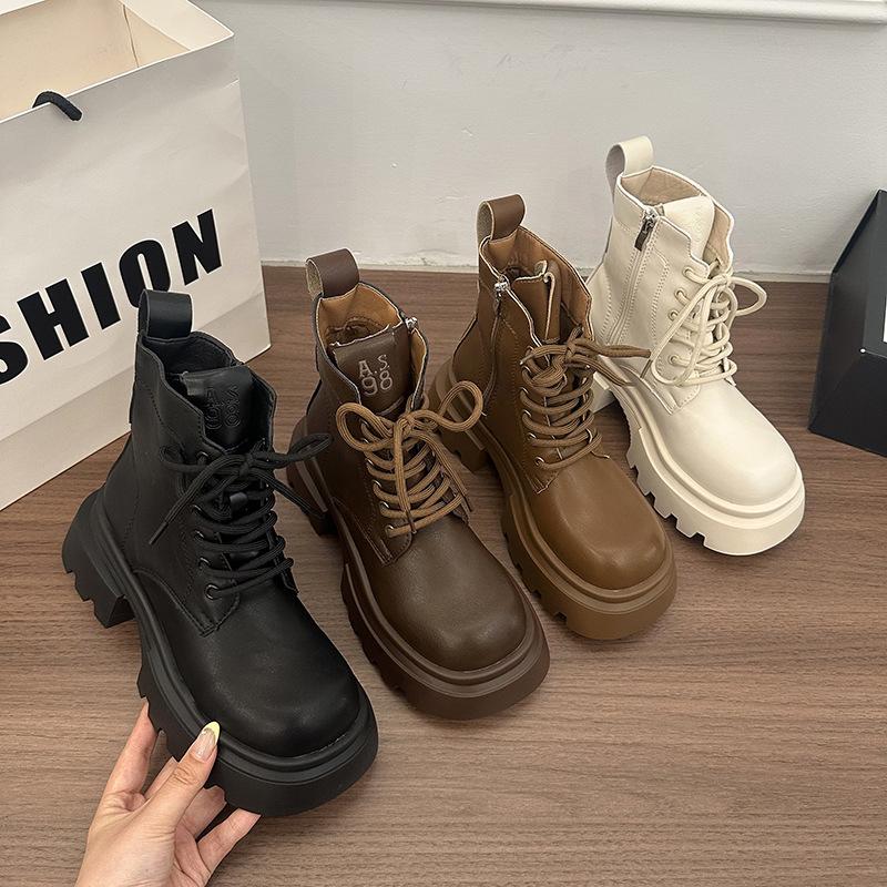 Brown retro Maillard Martin boots women's 2025 spring and autumn new British style small height-increasing platform short boots