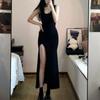 Черное платье без рукавов на бретельках, женское сексуальное облегающее платье макси с боковым разрезом, женское летнее корейское простое цельное платье