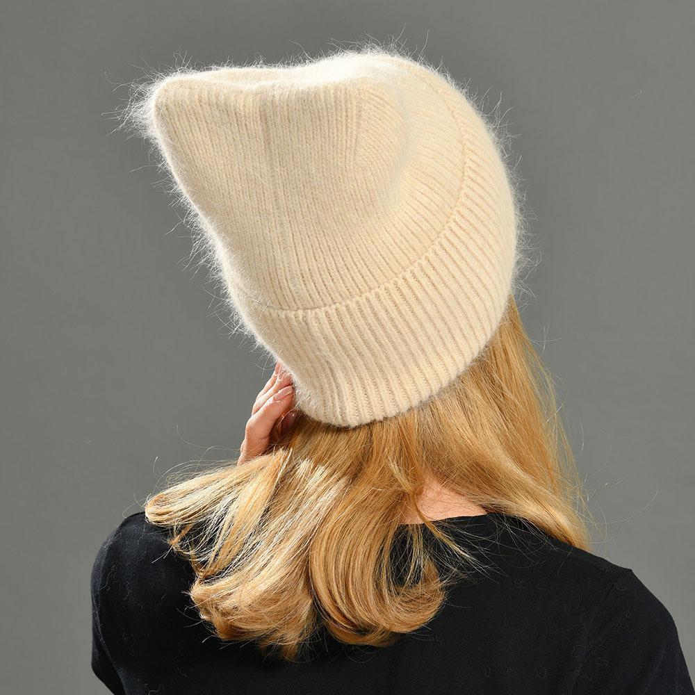 Autumn and winter new solid color ruffled cat ear hat warm wool hat angora rabbit down rabbit hair knitted hat cold hat