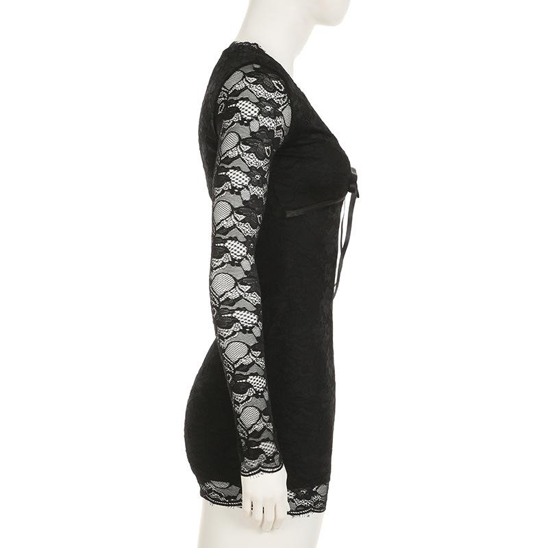 Women's Dark Sexy Wind Lace Bow V-neck Long-sleeved Imperial Sister Waisted Hip Thin Temperament Short Dresses