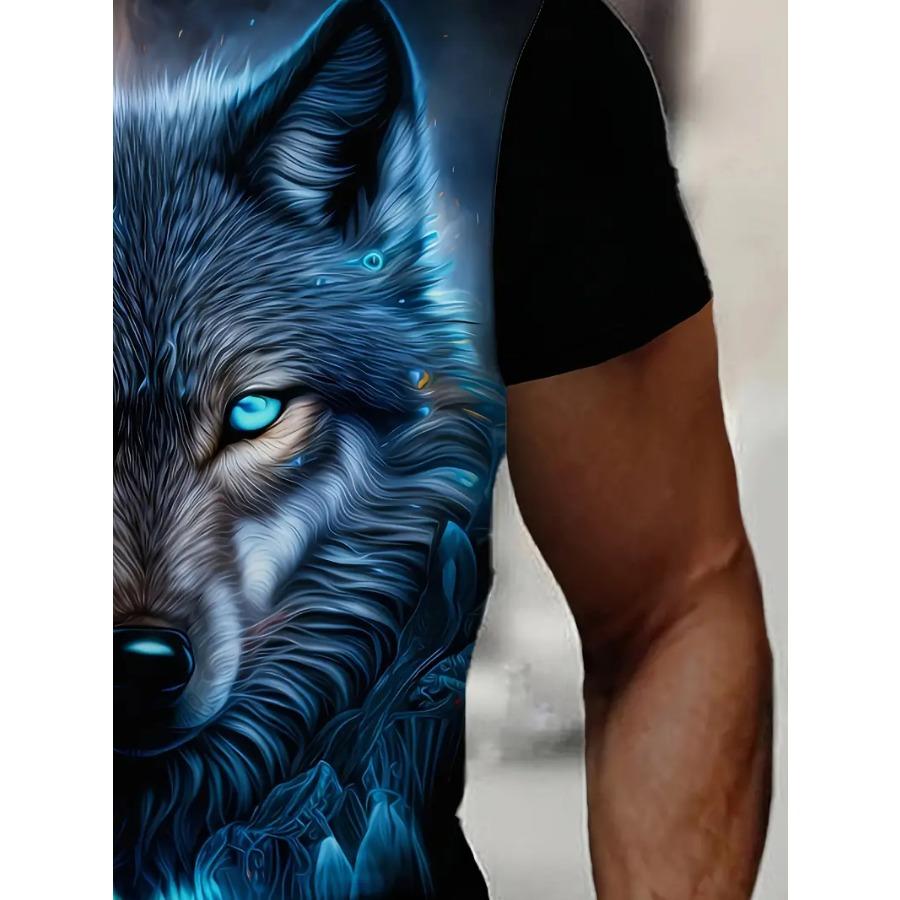 Футболка мужская с графическим принтом волка и круглым вырезом - мягкая, слегка эластичная полиэстеровая смесь, повседневная футболка с коротким рукавом для активного отдыха