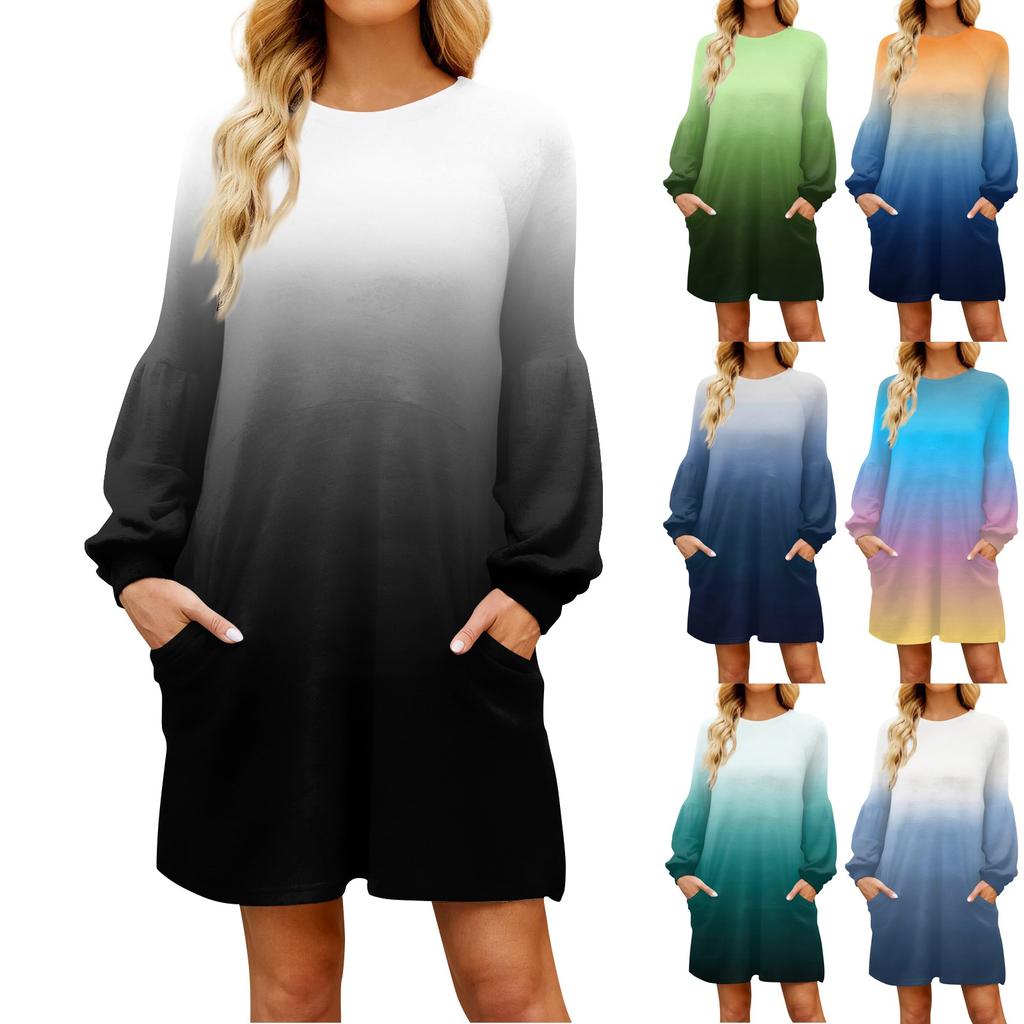 Модное женское платье трапециевидной формы с длинным рукавом. Осенний повседневный пуловер с круглым вырезом. Свободное платье с карманами.