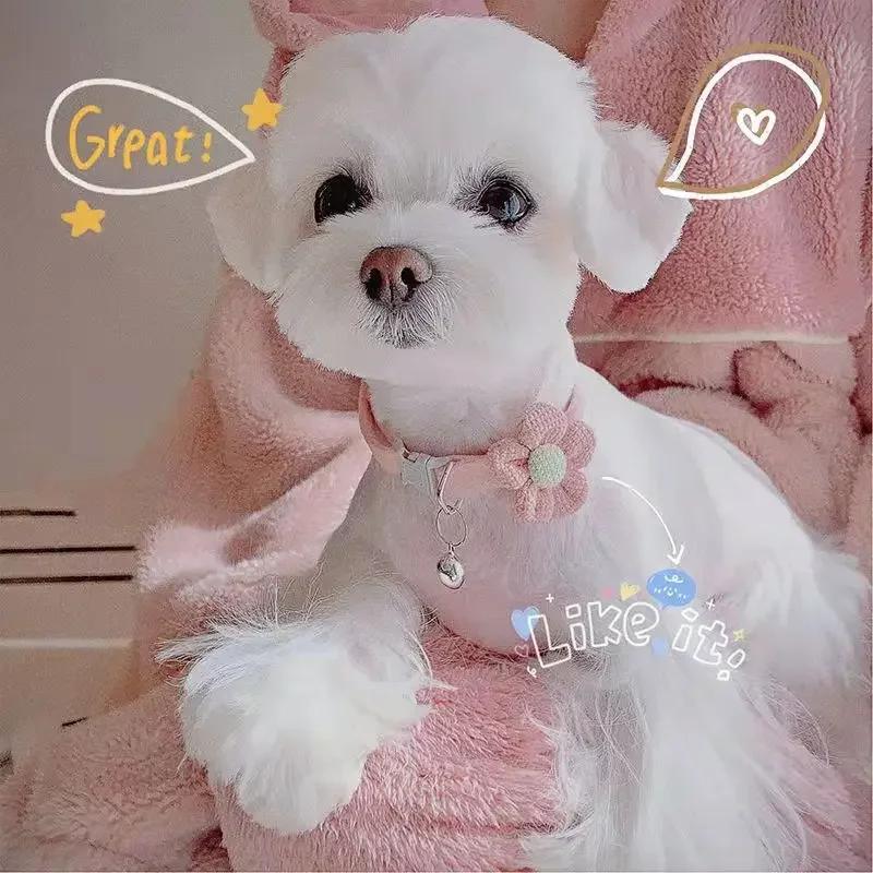 Adjustable Cat Collar with Cute Plush Flower and Bell Soft Kitten Necklace for Small Dogs Pet Accessories