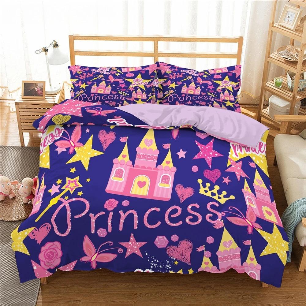 Kids Cartoon Duvet Cover Set Full/Queen Microfiber 3D Bedding Set Soft Pink Castle Princess Comforter Cover with Home Textile