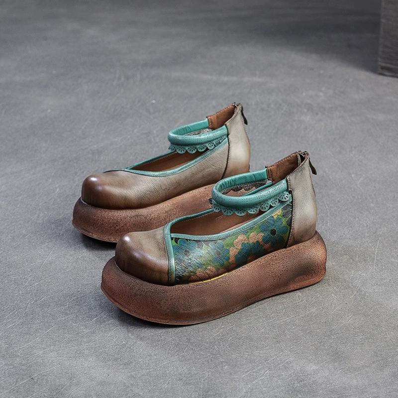 GKTINOO Ретро Туфли с круглым носком и толстой подошвой на весну-лето 2025 Новые женские туфли-платформы из натуральной кожи с цветочным декором