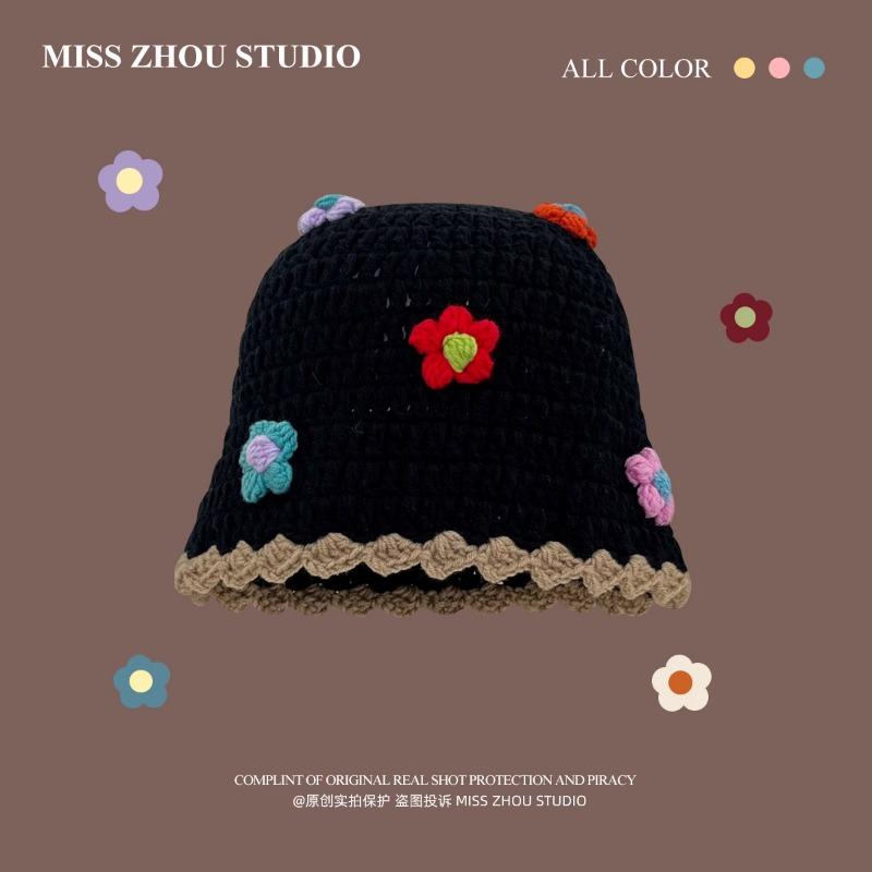 Japanese Sweet Flower Knitted Bucket Hats for Women Autumn and Winter Warm Cute Show Face Small Versatile Retro Basin Caps