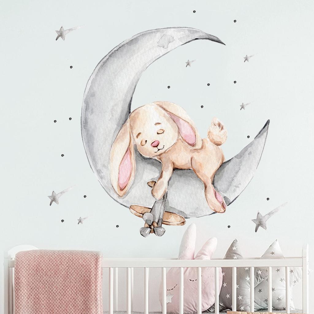 Наклейки на стену с мультяшным кроликом, спящим на Луне и звездах, для детской комнаты, украшение для детской комнаты, наклейки на стены, интерьер комнаты