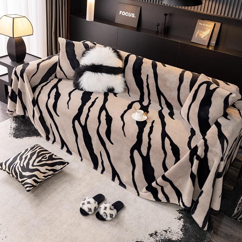 Plush Sofa Cover Cloth Autumn and Winter Zebra Pattern Light Luxury High Sense Bunny Cashmere One Piece Non-Slip Full Cover Sofa Cover