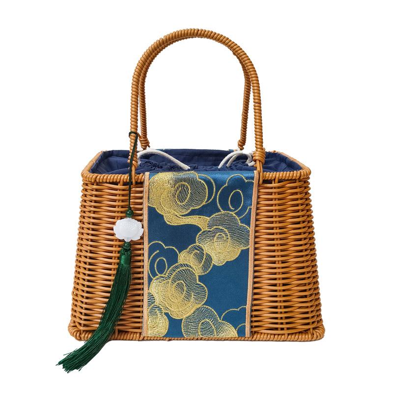 2025 Women Retro Handmade Rattan Basket Fashion Embroidery Imitation Wicker Handbags Causal Woven Box Bag Lady Party Beach Bag