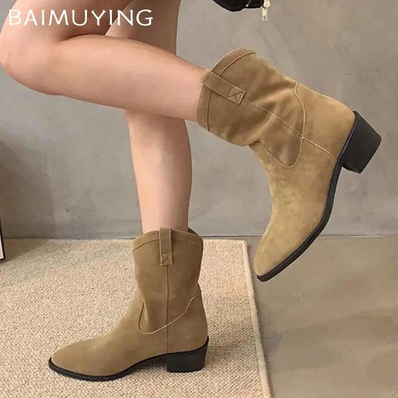 Женские ботильоны из массивной замши, элегантные туфли на среднем каблуке для ходьбы, женские туфли-лодочки 2024 года, зимние туфли-лодочки, дизайнерские повседневные готические туфли-лодочки