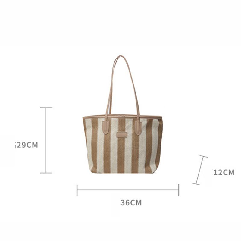 Striped Straw Beach Bag with Zipper Shoulder Bag Holiday Travel Handbag Top Handle Bag for Women Vacation Shopper Totes CLE