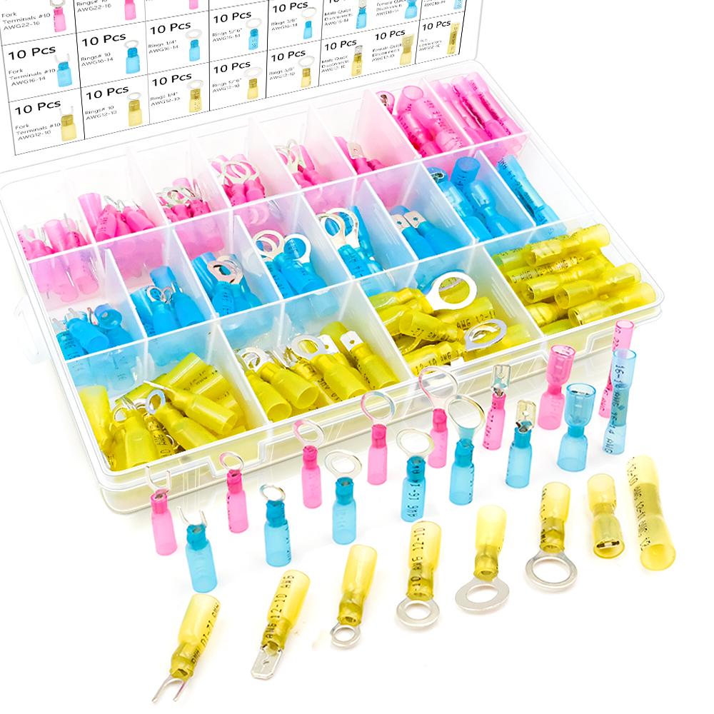 250 шт. Электрические кольцевые вилочные лопаточные стыковые обжимные водонепроницаемые автомобильные морские термоусадочные проволочные клеммы разъемы комплект