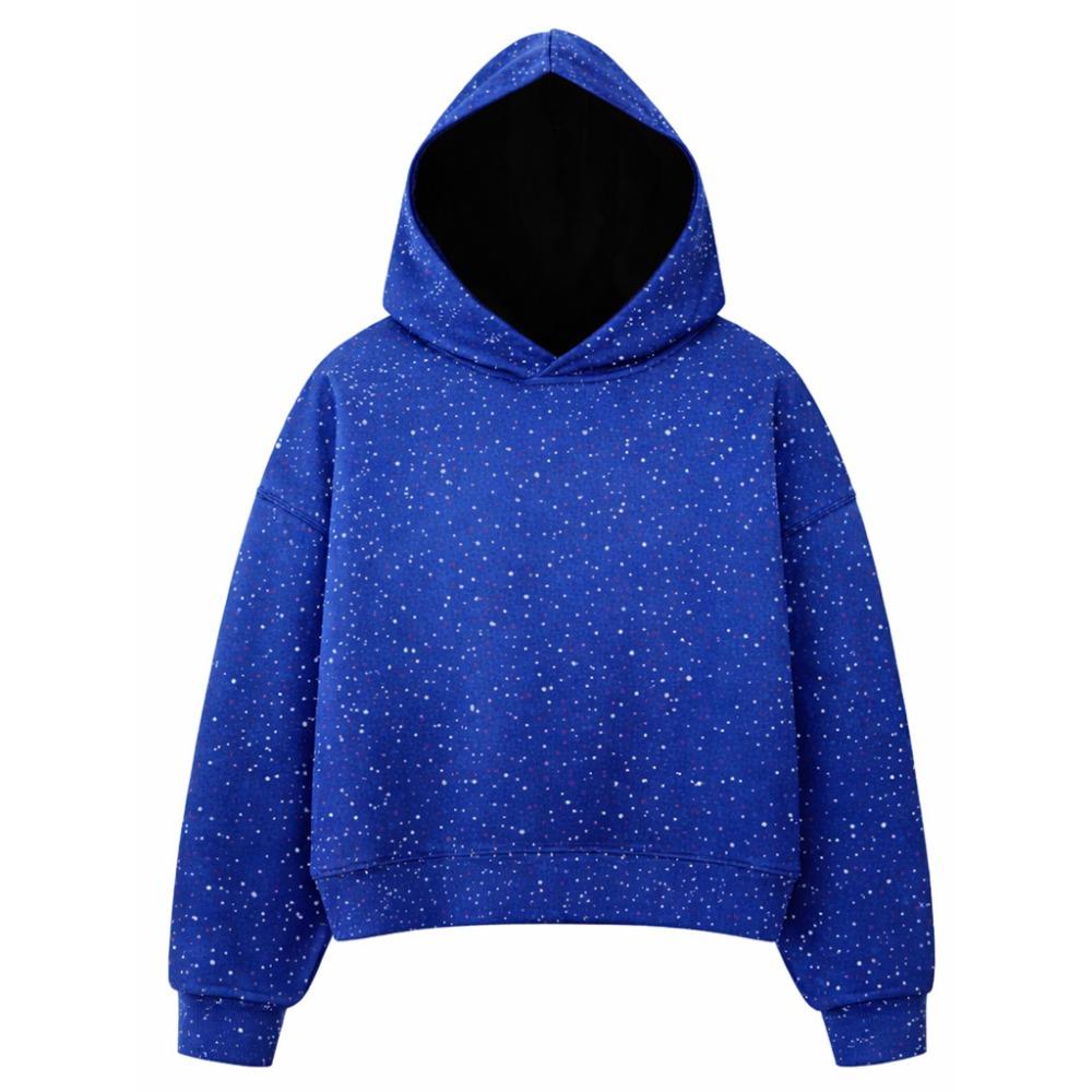 Women Rhinestone Hoodie Long Sleeve Loose Cropped Pullover Hooded Sweatshirt Casual Streetwear Top