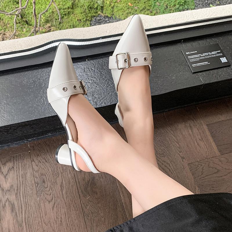 Fashion Fashion Round Heel Sandals Summer New Pointed Head Shallow Mouth Rivets Metal Buckle Set Foot Non-slip Heel Shoes