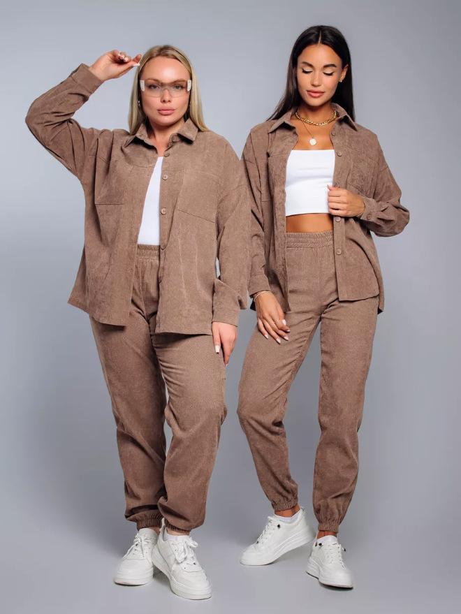 2025 Retro Plus Size Corduroy Shirt and Pants Set for Women