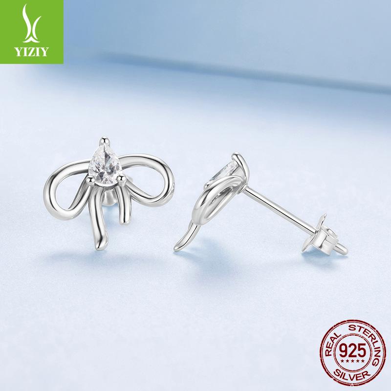 Water Drop Zircon Bow Stud Earrings, Elegant And Romantic Girl'S Heart S925 Sterling Silver Stud Earrings.