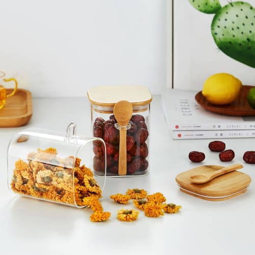 POKALOTEA Glass Canisters, Airtight, 900ml, Kitchen Glass Storage Containers, Set of 2, Heat-Resistant Glass Tea Canisters with Airtight Bamboo Lids a