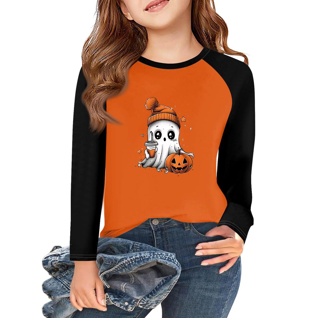 Футболки с длинным рукавом для девочек на Хэллоуин, детские осенние топы с круглым вырезом, базовые футболки 5-14 лет