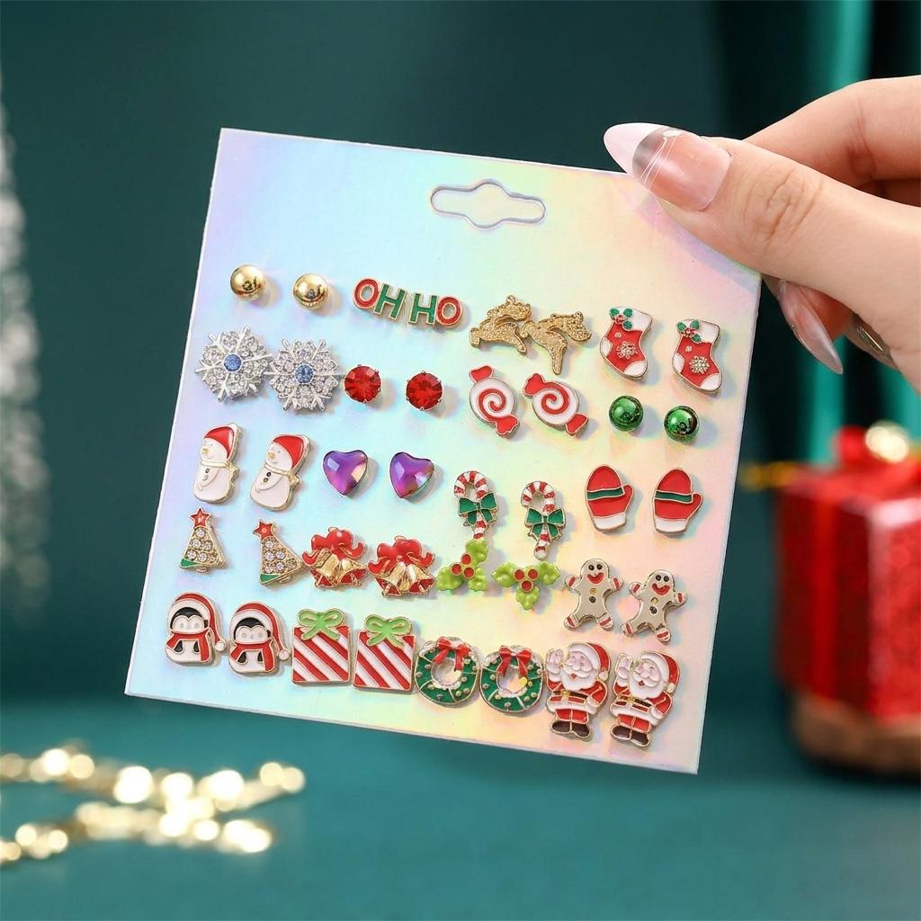 Must Have Christmas Tree Snowflake Gingerbread Stud Earring Set for Women Value Holiday Rhinestone Earrings Gift Jewelry