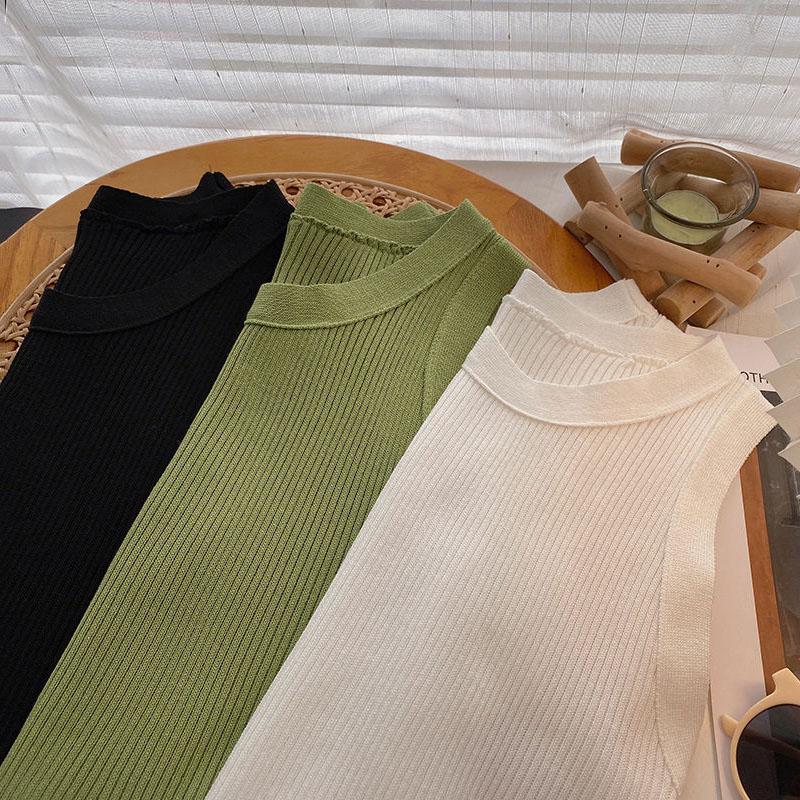 Зеленый вязаный топ без рукавов, короткий женский укороченный топ, сплошной цвет, внутренняя одежда, узкий короткий жилет, корейская мода