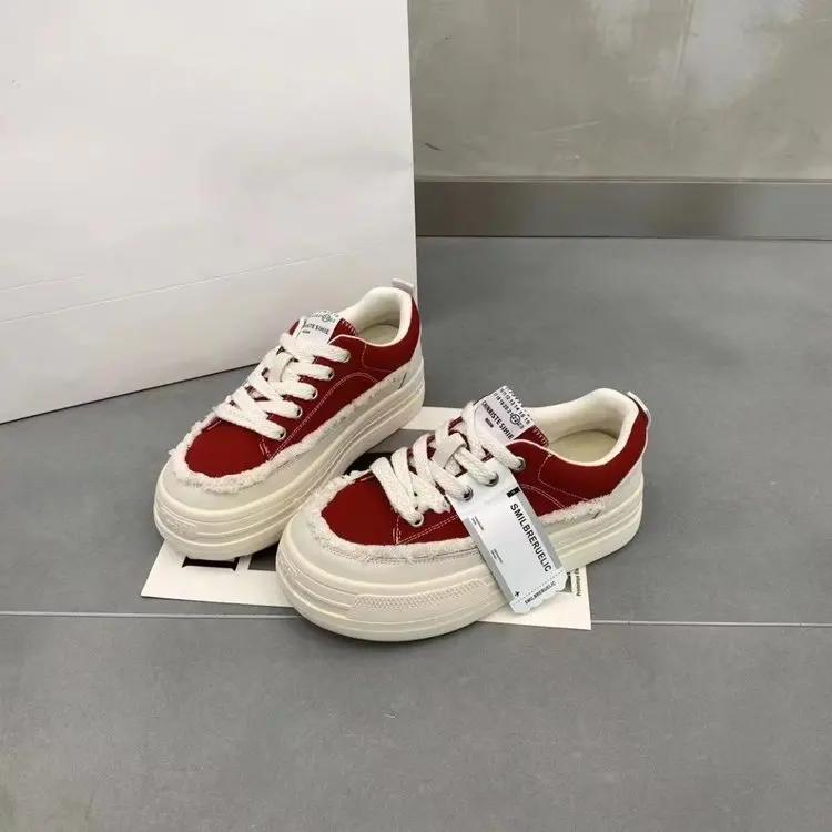 Platform Sneakers 2024 Autumn New Versatile Elevated Casual Canvas Shoes Women's Spring Women Shoes Med (3cm-5cm) Adult