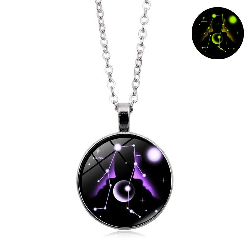 Glowing Zodiac Constellation Gemstone Pendant Necklace Vintage Versatile Sweater Chain Jewelry Accessory