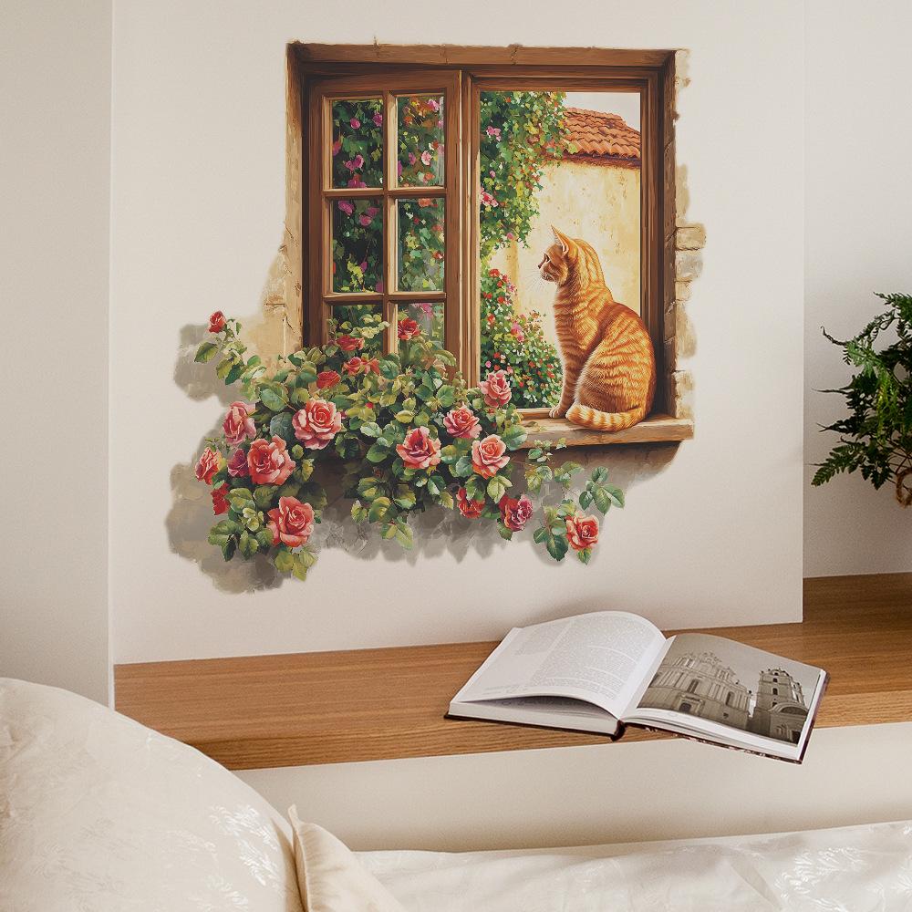 Окно Роза Оранжевый Кот Спальня Гостиная Дом Фон Украшение и Декор Наклейки на Стену