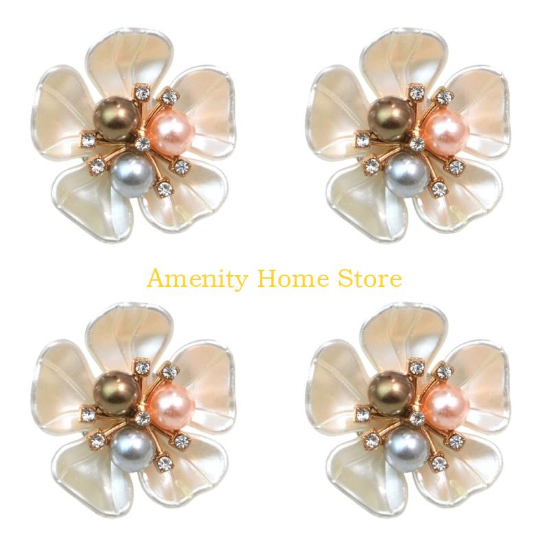 F26C 4Pcs Decorative Shirt Button Covers Pearls Rhinestones Embellished Cufflinks Clips For Shirt Jackets Dress Decoration
