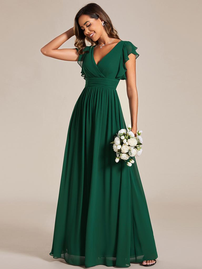 Ever-Pretty Women's A-Line V Neck Pleated Belted Ruffles Sleeves Open Back High Waist Bridesmaid Dresses