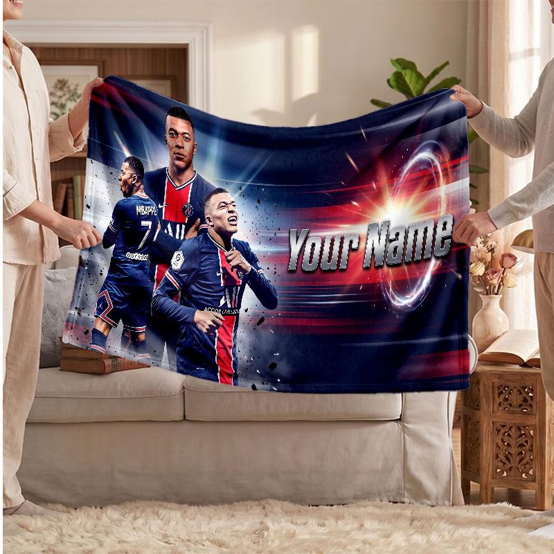 Kylian Mbappe Personalized Fleece Blanket With Football Logo, Custom Name Text Soft Warm Home Throw Blanket