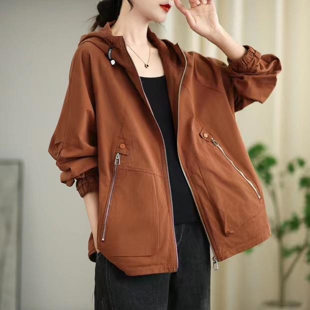 Johnature Woman Autumn Vintage Loose Casual Personality Coat Zipper Solid Color Long Sleeves Hooded Coat