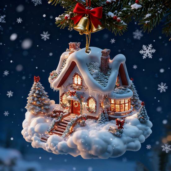 Украшение Домик в Снежной Деревне, Подвесное украшение Деревенская бревенчатая хижина, 2D акриловый коттедж со снежной сценой для декора зимней сказки и рождественской елки