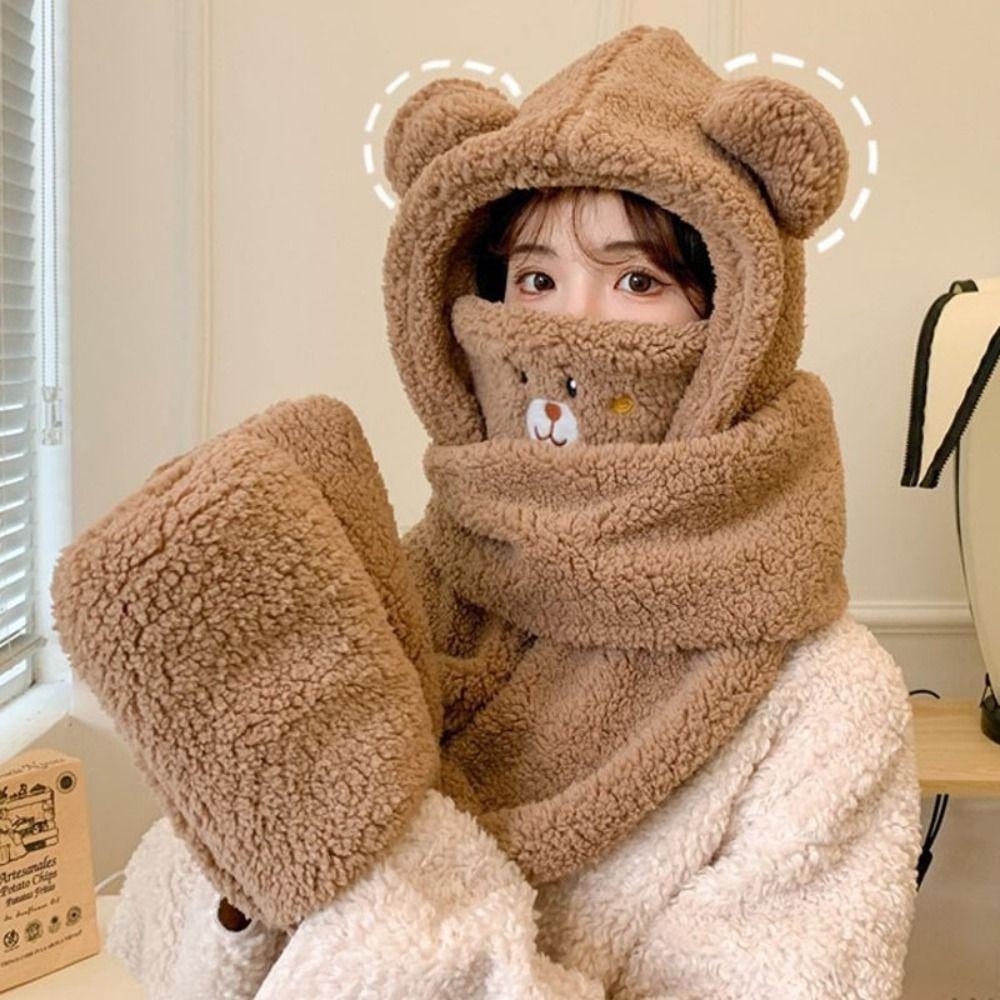 Winter Warm Women Beanies Caps Cute Bear Ear Integrated Cap Scarf Ear Protection Caps  Cycling