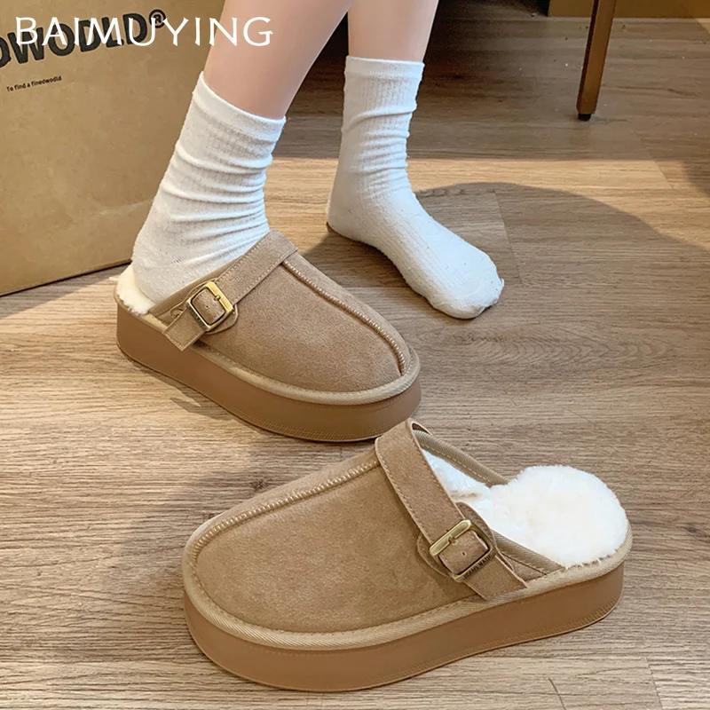 Замшевые женские хлопковые тапочки на платформе, дизайнерские короткие плюшевые повседневные туфли на плоской подошве, модные теплые зимние туфли-мюли 2025 года для снега