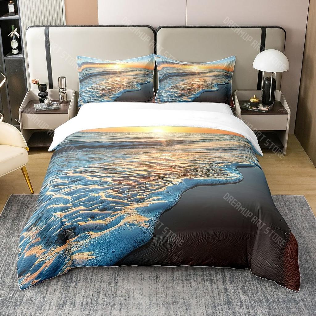 Комплект постельного белья с пляжной тематикой размера кинг, квин, пододеяльник с океанской волной и закатом, прибрежный морской пододеяльник, чехол на одеяло с морским пейзажем
