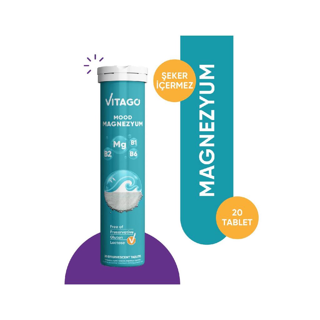 Упаковка из 20 шипучих таблеток для улучшения настроения, содержащих магний, витамин B1, витамин B2 и витамин B6.