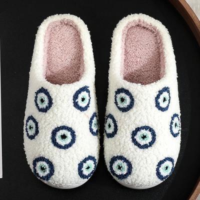 Модные универсальные хлопковые женские тапочки с мультяшными глазами, зимние белые шлепанцы из искусственного меха, женские плюшевые туфли на мягкой подошве с противоскользящим эффектом