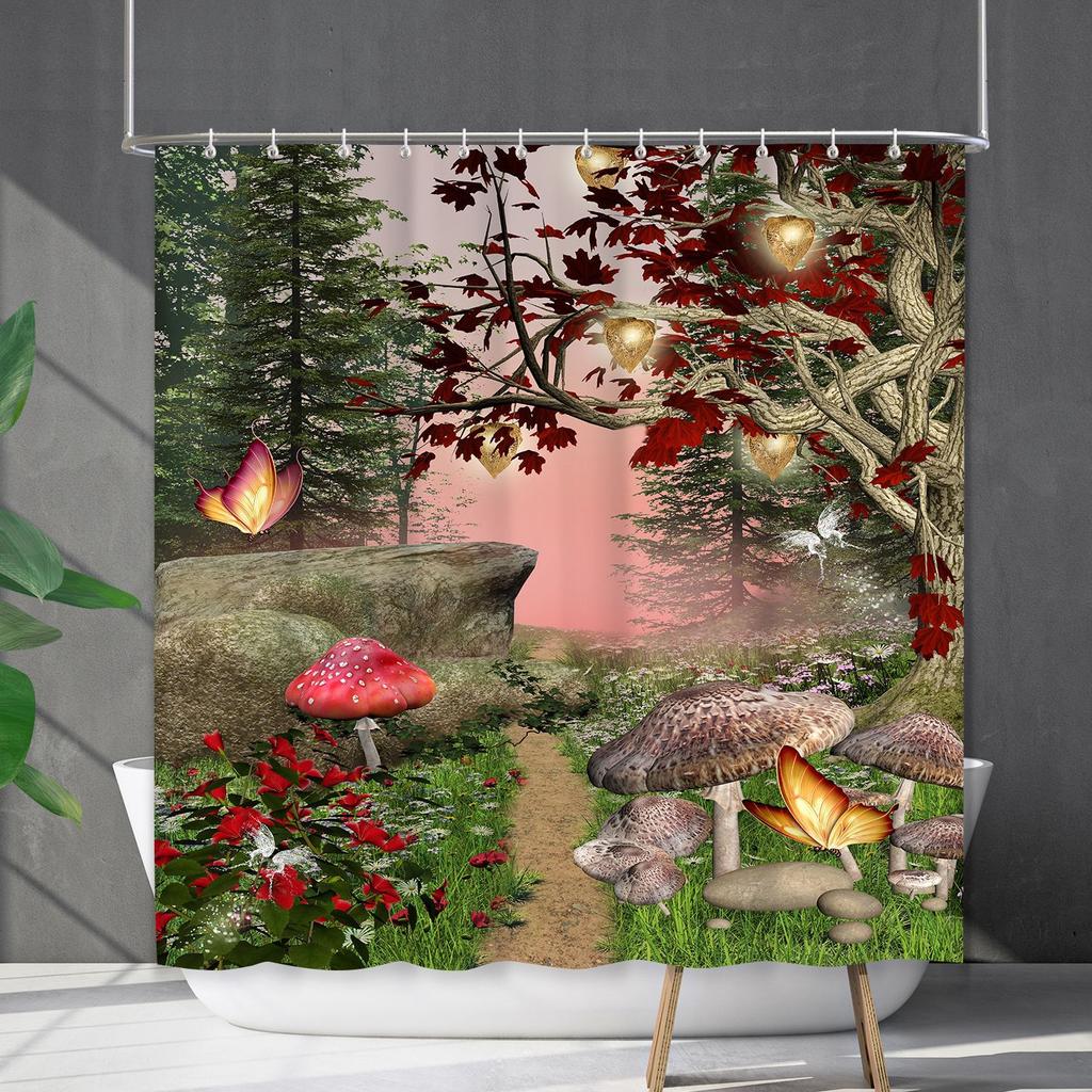 Водонепроницаемая штора для ванной, цифровая печать, растение, гриб, занавеска для душа, без пробивки, перегородка для туалета, ткань для душа