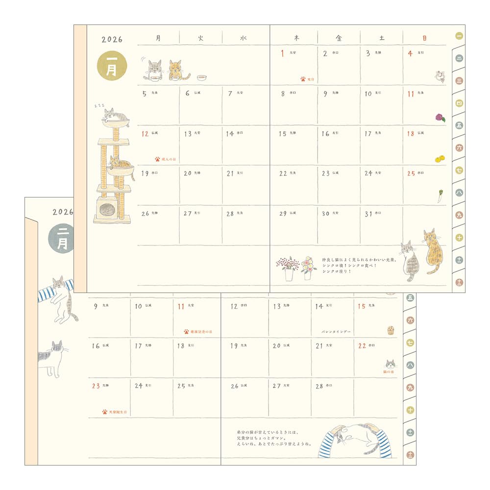 Еженедельник Midori Pocket Diary, 2026, A6, Недельный, Рисунок кошки, 22367006 (Начинается в январе 2026 года)