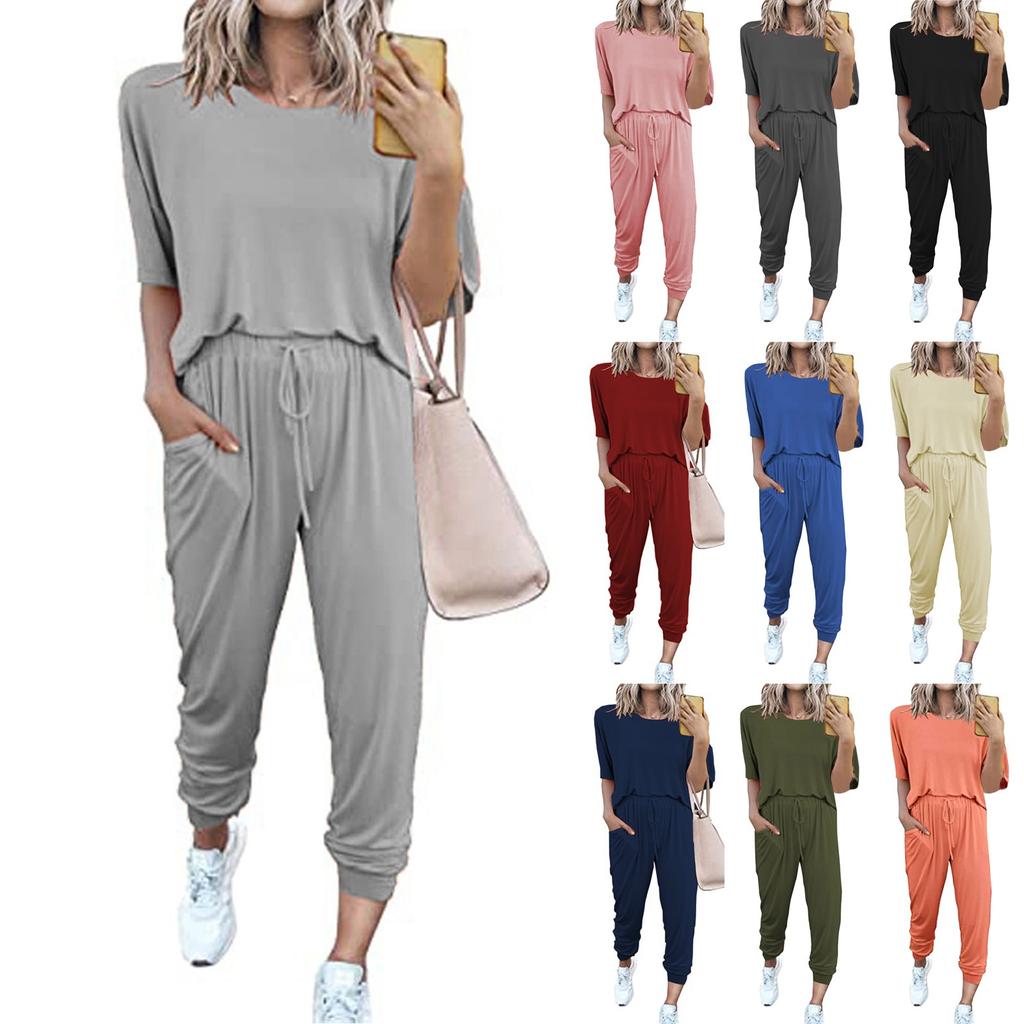 Женский свободный пуловер с круглым вырезом, повседневный модный костюм с короткими рукавами и длинными брюками