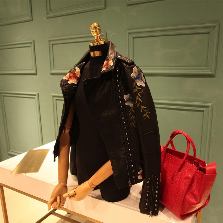 Women's Spring and Autumn Temperament Embroidered Rivets Women's Slim PU Heavy Metal Leather Short Jacket for Women