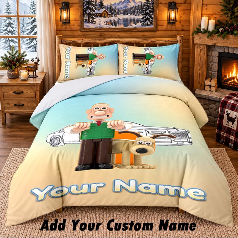 Wallace & Gromit Custom Name 3Pcs Bedding Set 1 Bed Sheet 2 Pillowcases Bedroom Home Decor