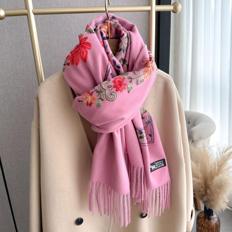 Womens Winter Wool Blend Scarf Embroidered Floral Shawl Thick Warm Dual-use Wrap