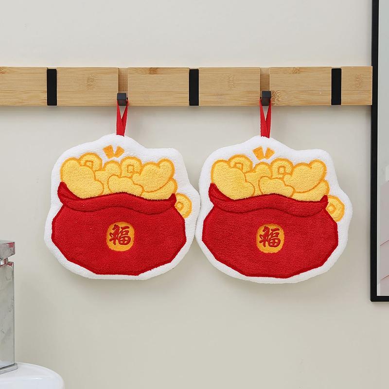 Thickened Coral Fleece Hand Towel Kitchen Bathroom Hanging Towel Spring Festival Embroidered Chinese New Year Festive Decoration