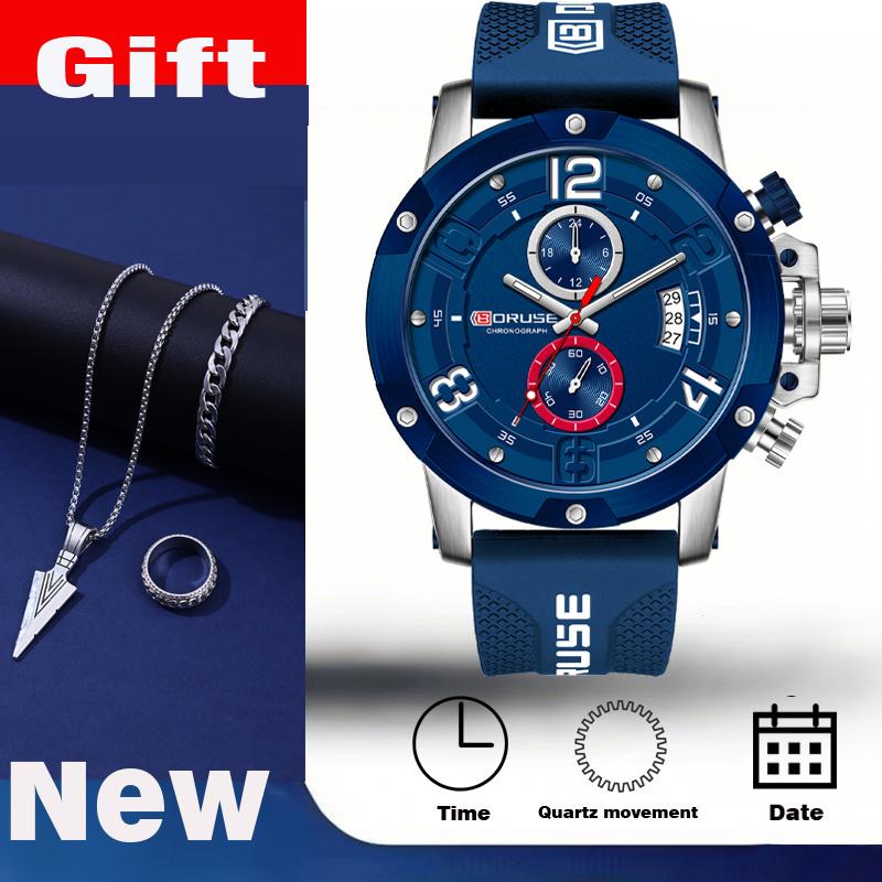 4 PCS SET BORUSE Luxury Watches & Triangle Spearhead Necklace Set Mens Quartz Waterproof Watches Business Silicone Watch